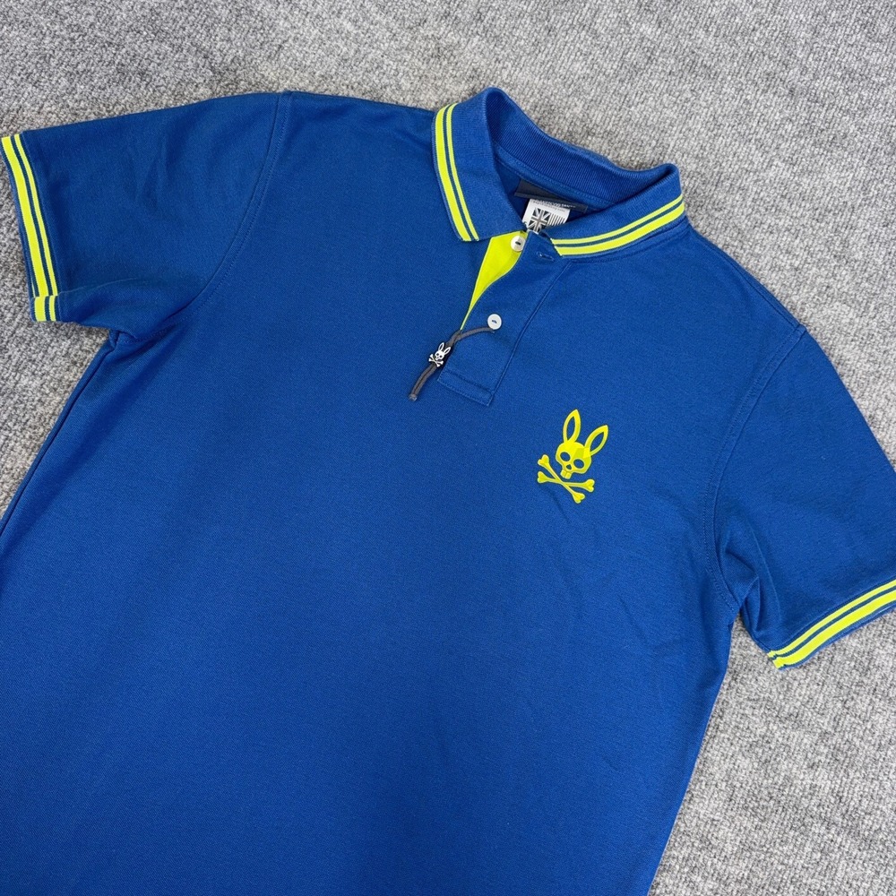 Psycho Bunny Polo Shirt Men Medium (5) Blue Neon Green Ringer Pima Cotton NEW